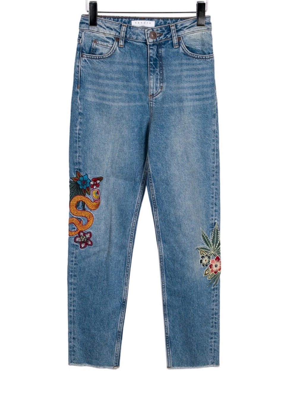 Sandro Blue Denim Jeans with Multicolor Embroidered Snake and Floral Patches